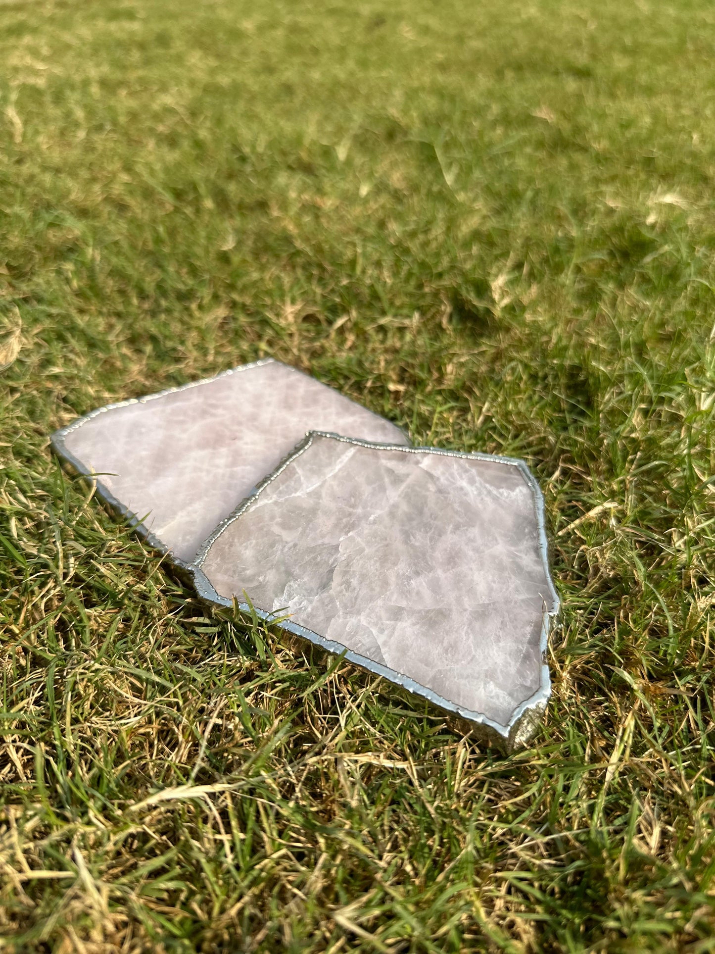 Rose Quartz Coaster Set with Silver Plating