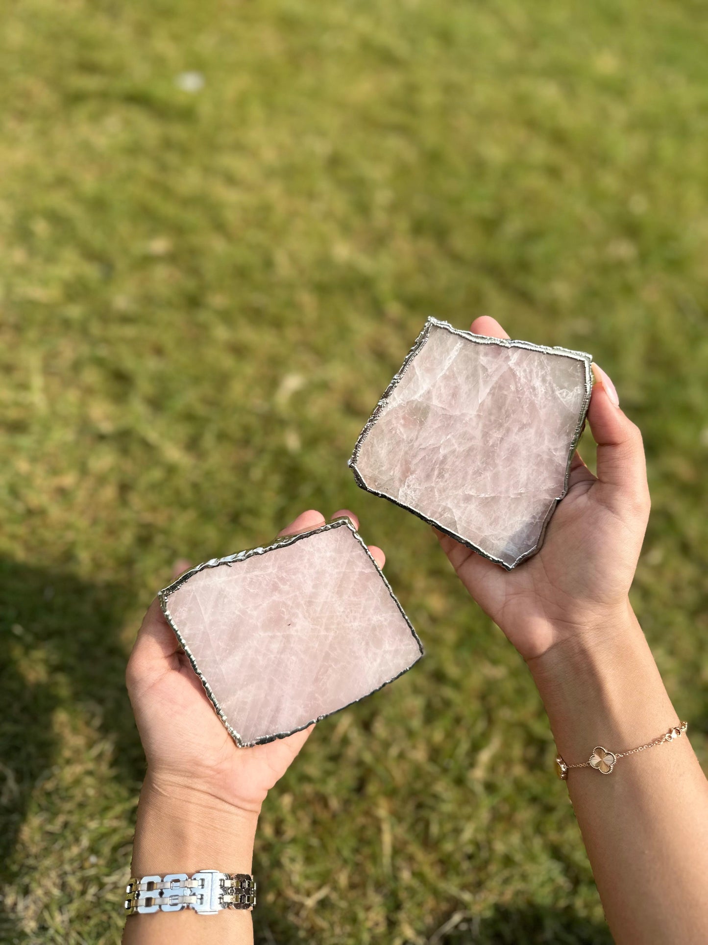 Rose Quartz Coaster Set with Silver Plating